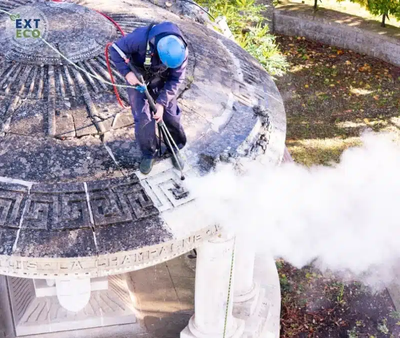 technicien qui nettoie un monument à la vapeur basse pression