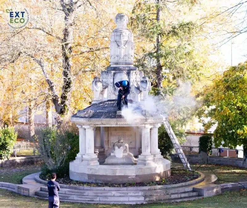technicien qui nettoie un monument à la vapeur basse pression