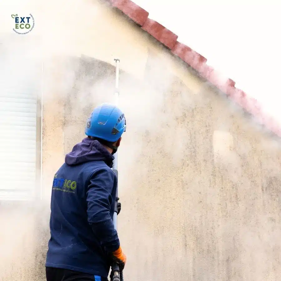 technicien qui nettoie une façade crépis à la vapeur basse pression
