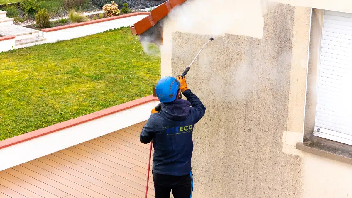 Technicien EXTECO qui nettoie une façade à la vapeur basse pression