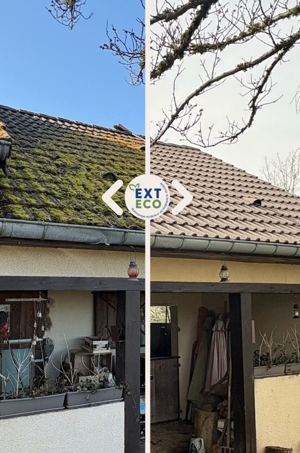 Photo avant/après un nettoyage et démoussage de toiture dans les Vosges