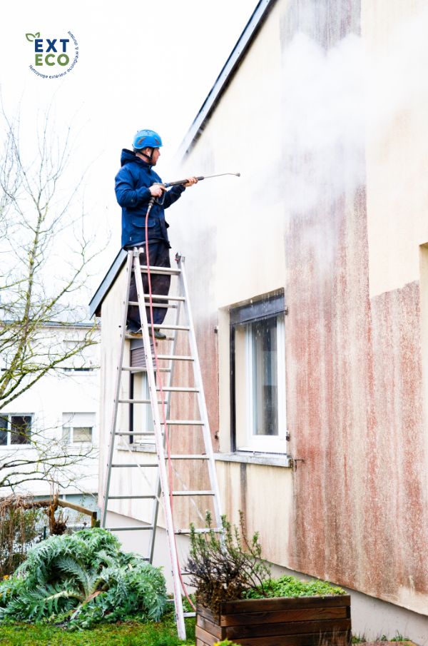 Technicien sur échelle qui nettoie à la vapeur basse pression la façade d'une maison