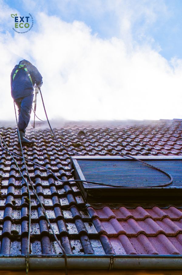 Technicien sur le toit d'une maison à Golbey effectuant un nettoyage des tuiles