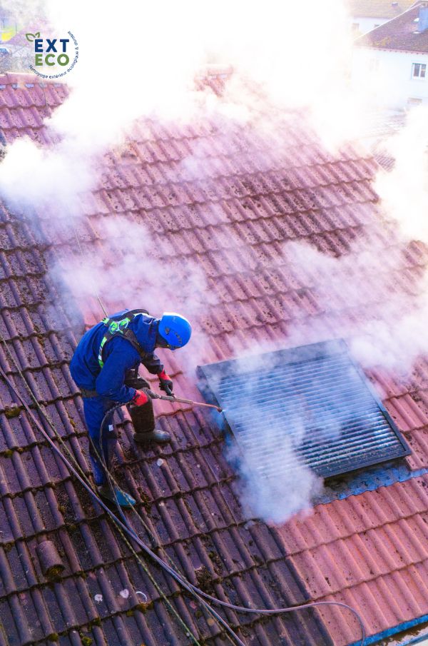 Equipe EXTECO qui nettoie la toiture avant de l'imperméabiliser
