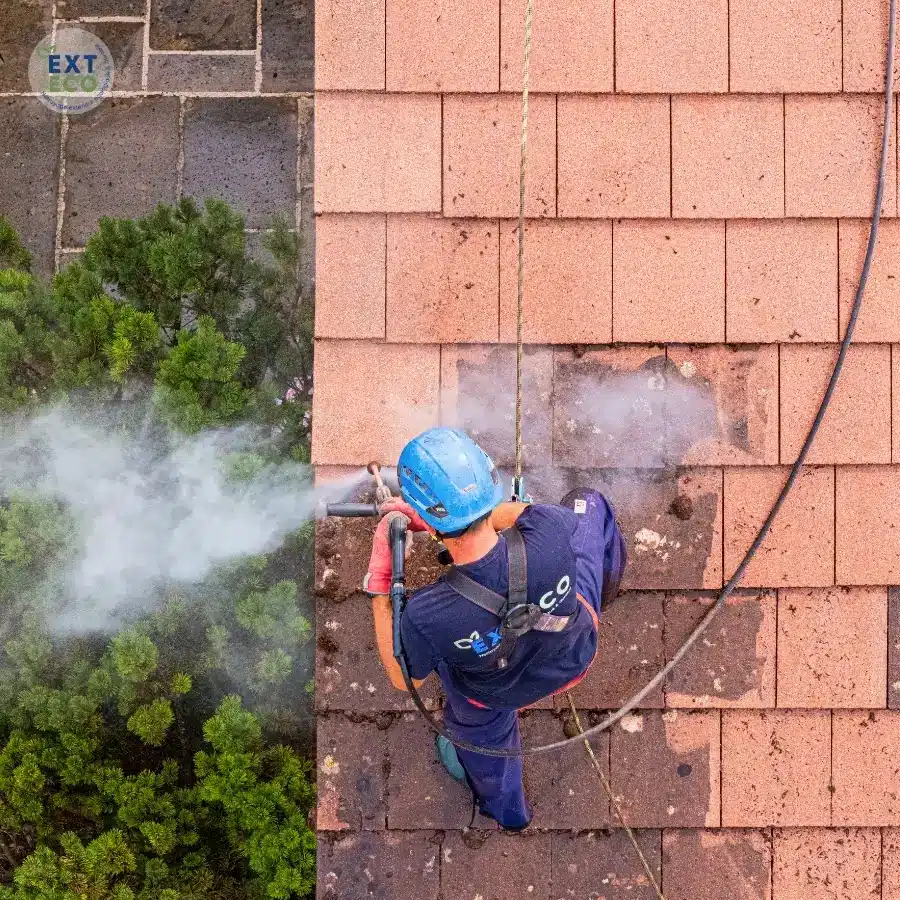 technicien sur toit qui fait un démoussage de toiture à la vapeur basse pression